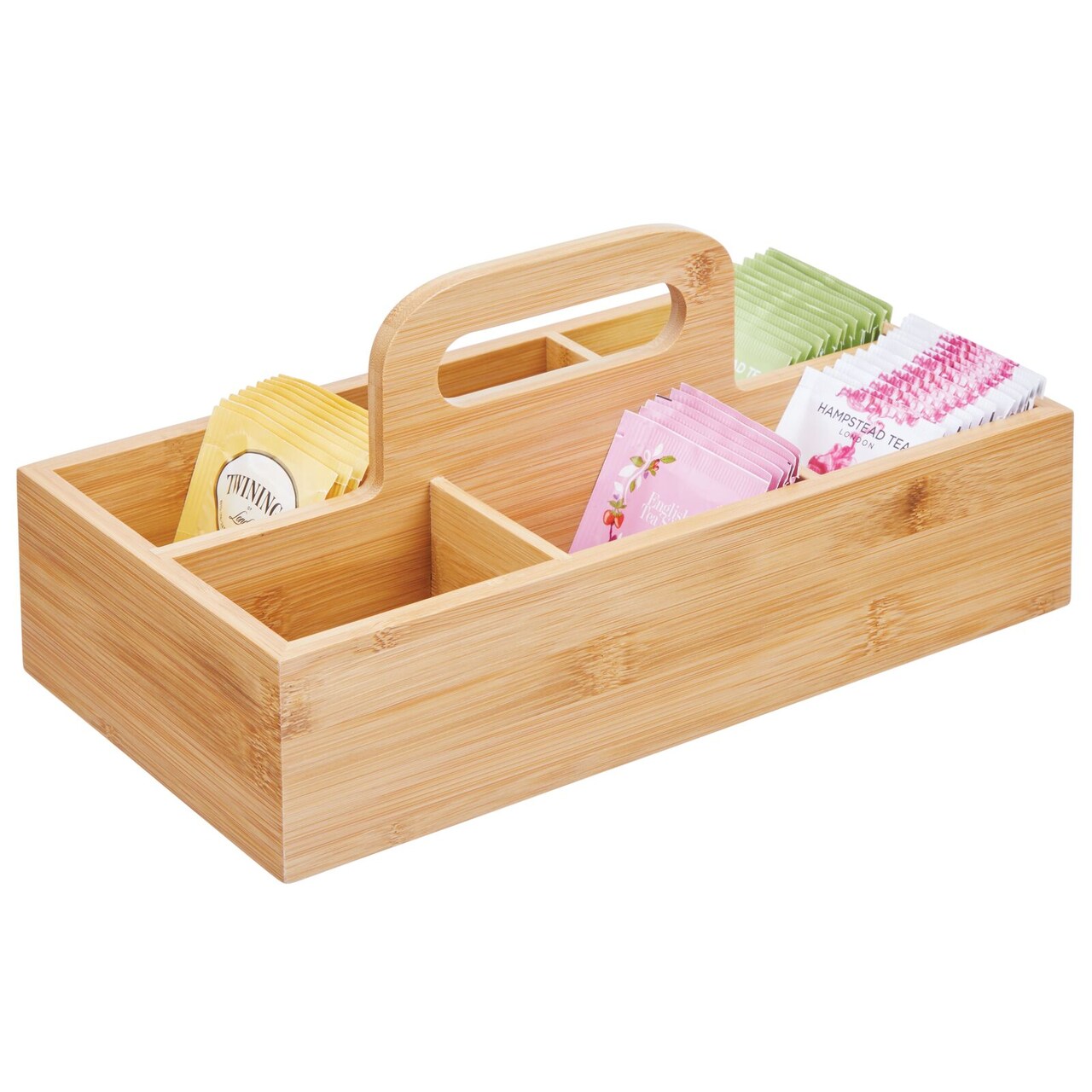 mDesign Bamboo Wood Tea Storage Organizer Caddy Tote Bin, with Handle - Natural